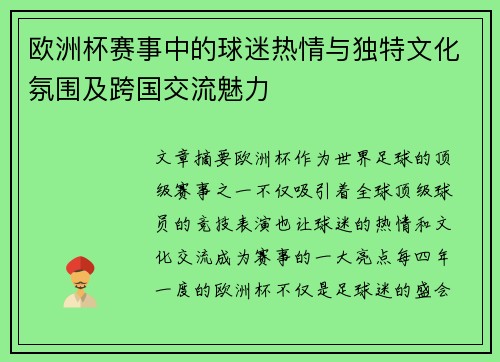 欧洲杯赛事中的球迷热情与独特文化氛围及跨国交流魅力